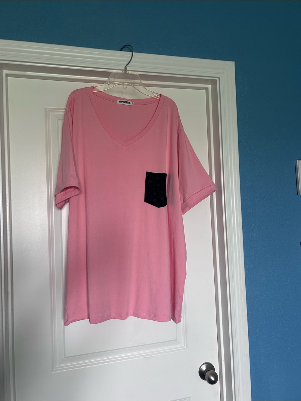 Pink V-Neck Tee with Black Pocket
